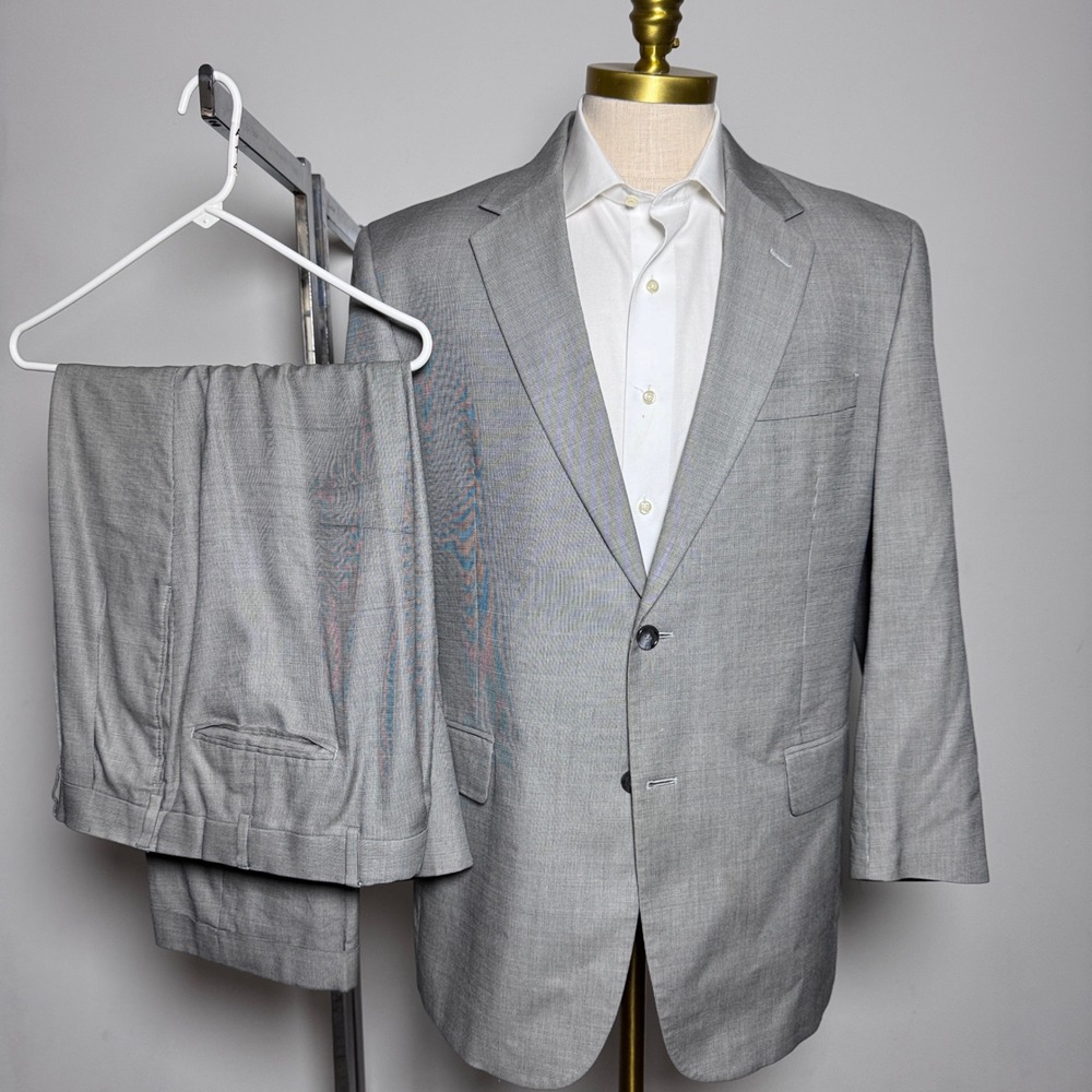 Jos‎ A Bank Mens 44R 36W Grey Cotton Wool Micro Check Two Button Pleated Suit
